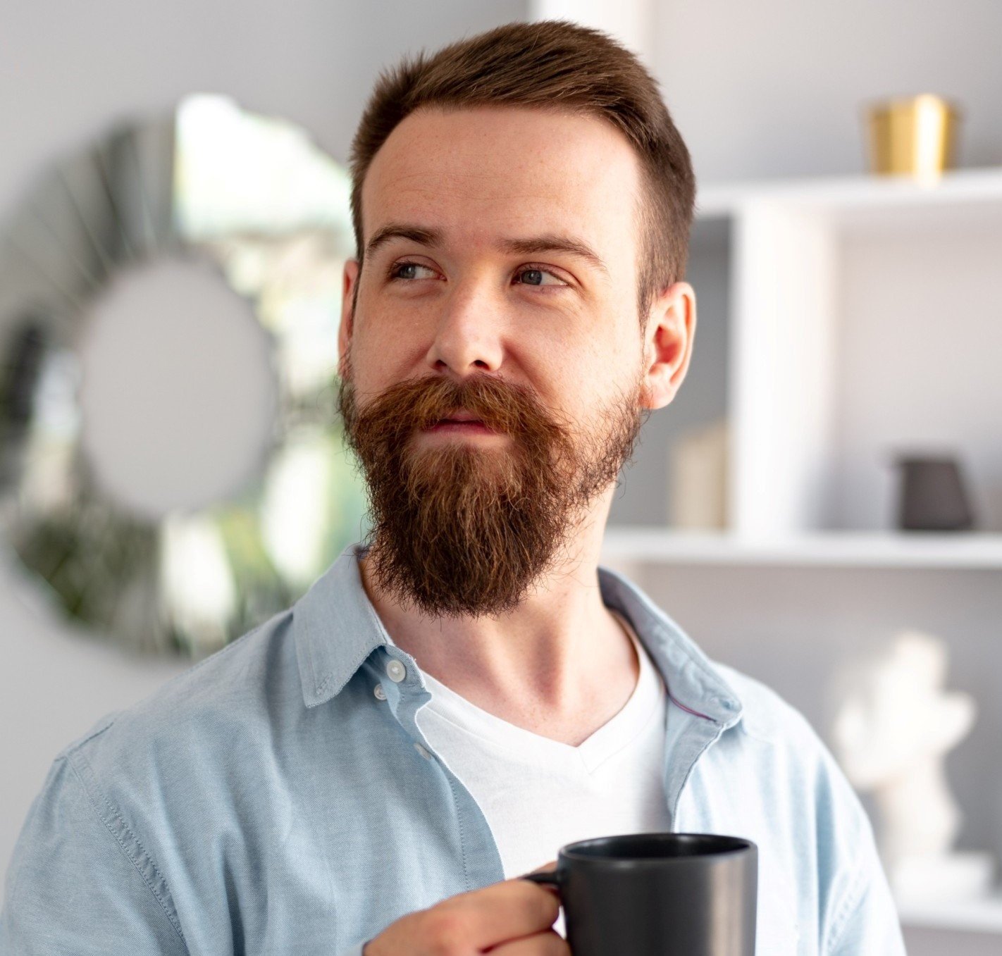 young bearded man smiling and drinking coff 1