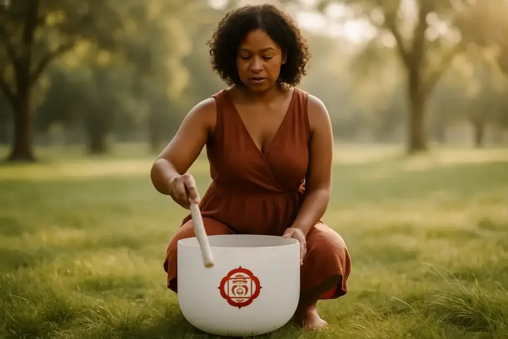 barefoot grounding with c note singing bowl outdoors